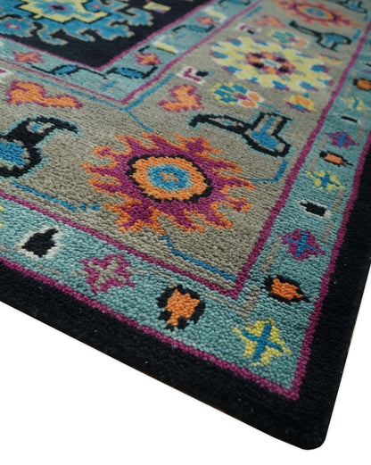 Vibrant Colorful Black, Beige, Purple and Blue Hand Knotted Traditional Oushak Custom Made wool Area Rug.