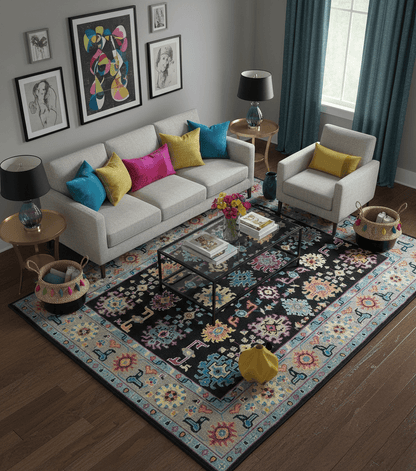 Vibrant Colorful Black, Beige, Purple and Blue Hand Knotted Traditional Oushak Custom Made wool Area Rug.