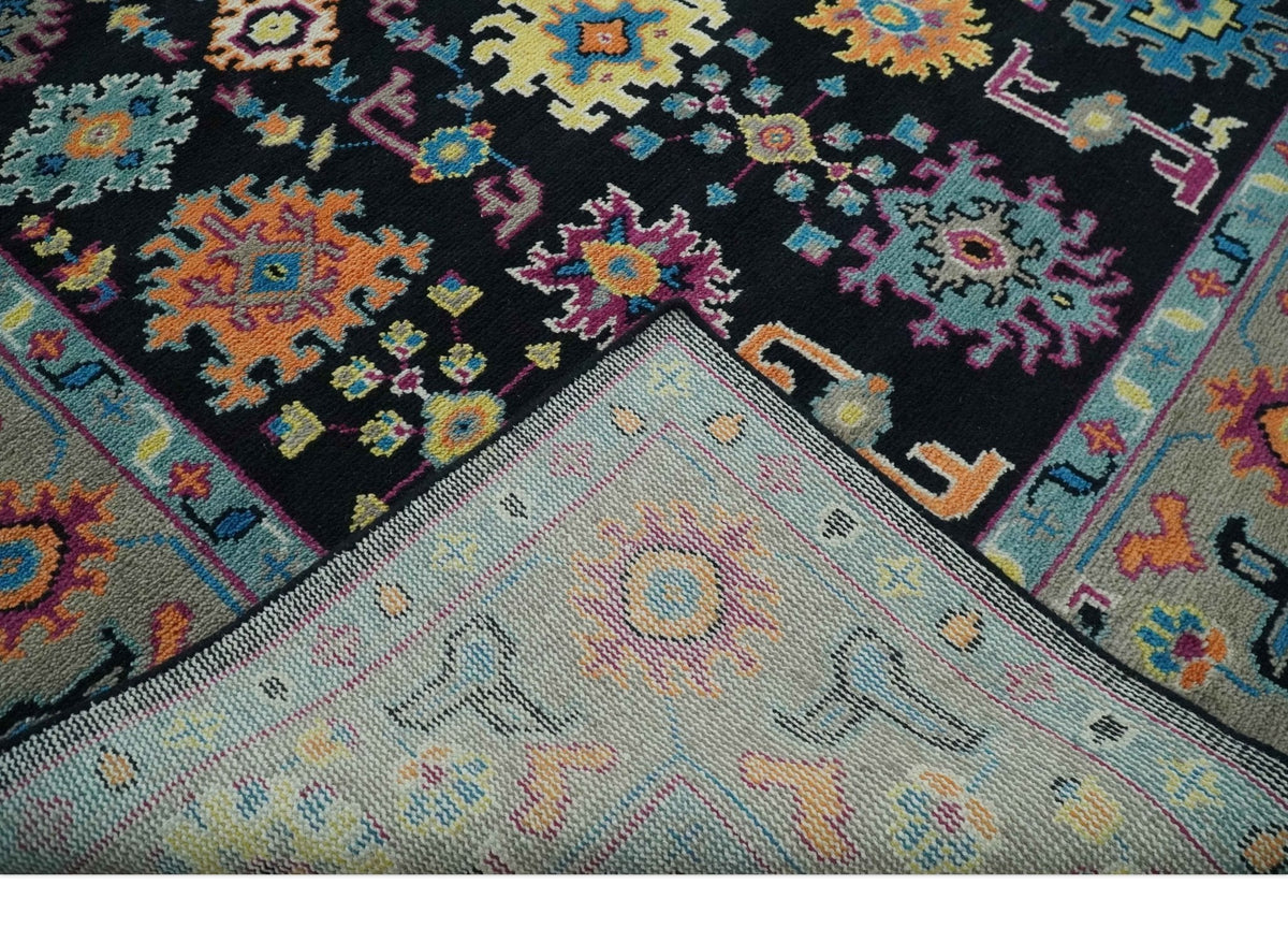 Vibrant Colorful Black, Beige, Purple and Blue Hand Knotted Traditional Oushak Custom Made wool Area Rug.