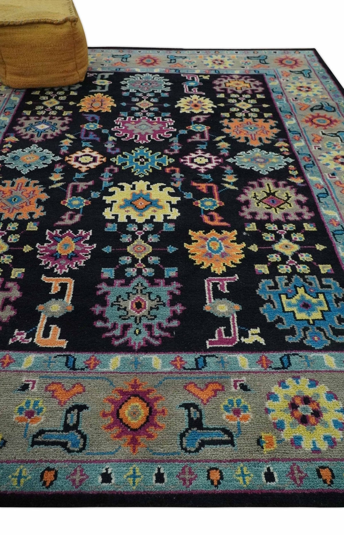 Vibrant Colorful Black, Beige, Purple and Blue Hand Knotted Traditional Oushak Custom Made wool Area Rug.