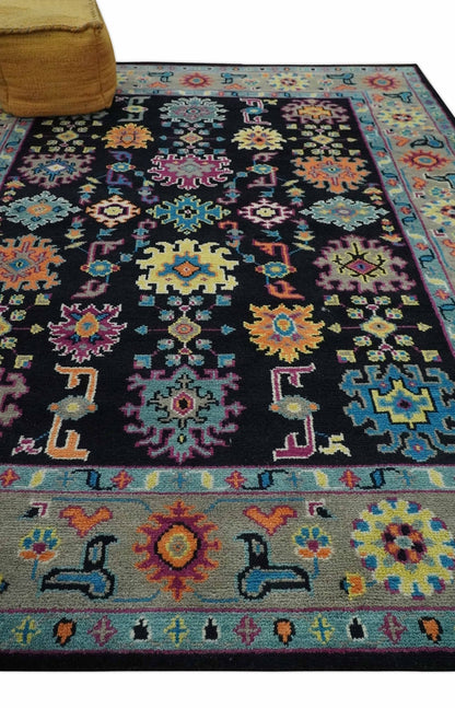Vibrant Colorful Black, Beige, Purple and Blue Hand Knotted Traditional Oushak Custom Made wool Area Rug.