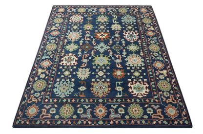 Vibrant colorful Blue, Rust, Ivory and Olive Hand knotted Traditional Oushak Custom Made wool Area Rug.