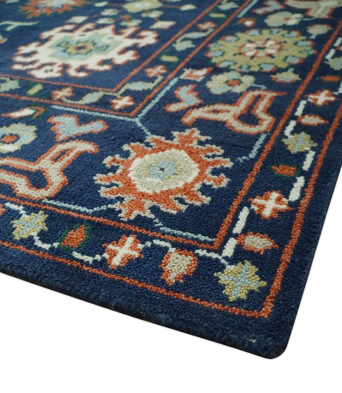 Vibrant colorful Blue, Rust, Ivory and Olive Hand knotted Traditional Oushak Custom Made wool Area Rug.