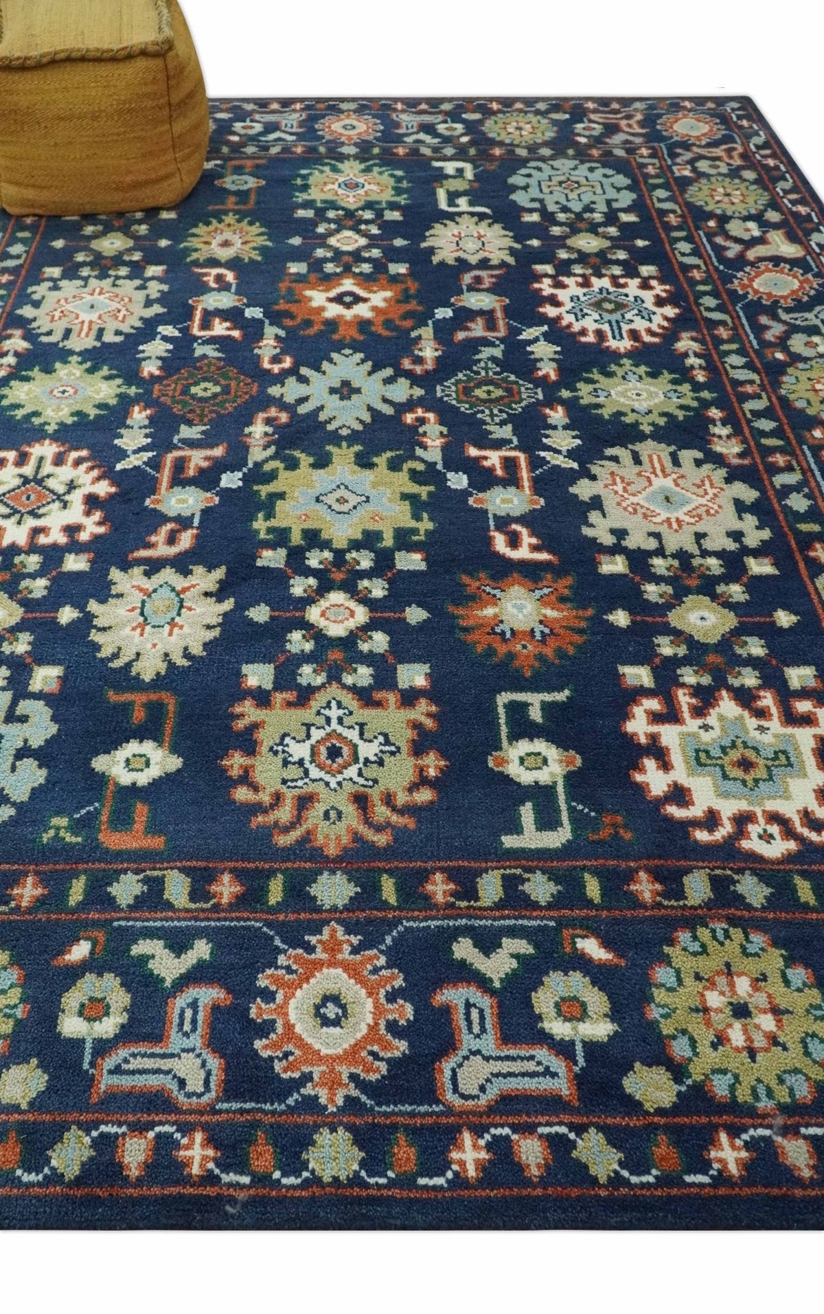 Vibrant colorful Blue, Rust, Ivory and Olive Hand knotted Traditional Oushak Custom Made wool Area Rug.