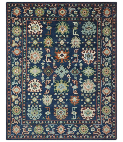 Vibrant colorful Blue, Rust, Ivory and Olive Hand knotted Traditional Oushak Custom Made wool Area Rug.