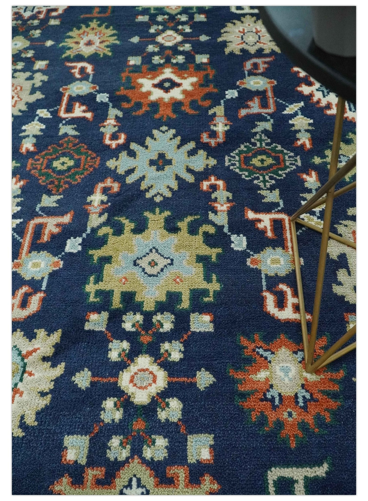Vibrant colorful Blue, Rust, Ivory and Olive Hand knotted Traditional Oushak Custom Made wool Area Rug.