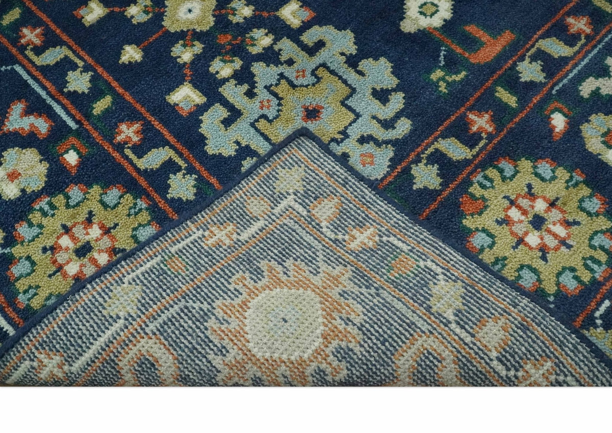 Vibrant colorful Blue, Rust, Ivory and Olive Hand knotted Traditional Oushak Custom Made wool Area Rug.