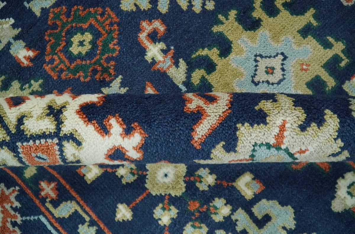 Vibrant colorful Blue, Rust, Ivory and Olive Hand knotted Traditional Oushak Custom Made wool Area Rug.