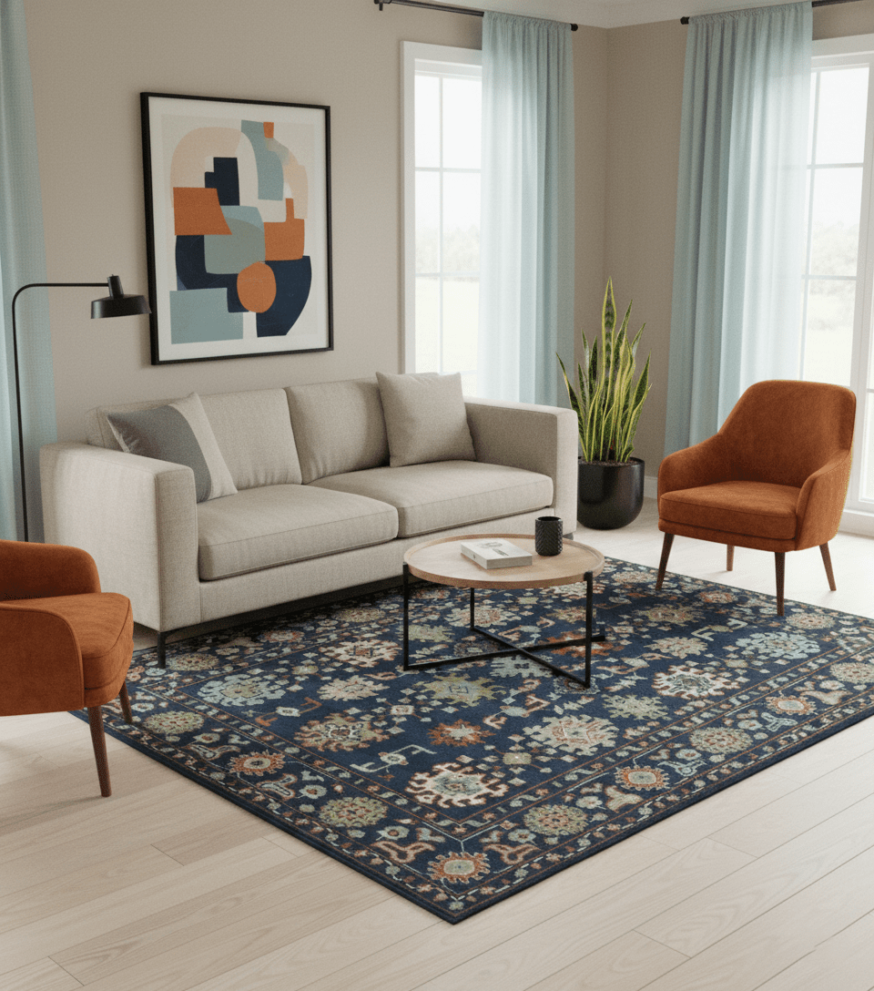 Vibrant colorful Blue, Rust, Ivory and Olive Hand knotted Traditional Oushak Custom Made wool Area Rug.