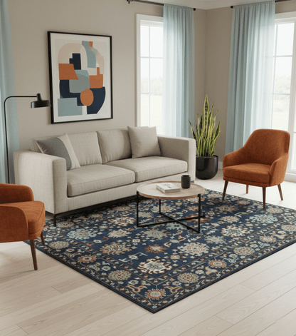 Vibrant colorful Blue, Rust, Ivory and Olive Hand knotted Traditional Oushak Custom Made wool Area Rug.