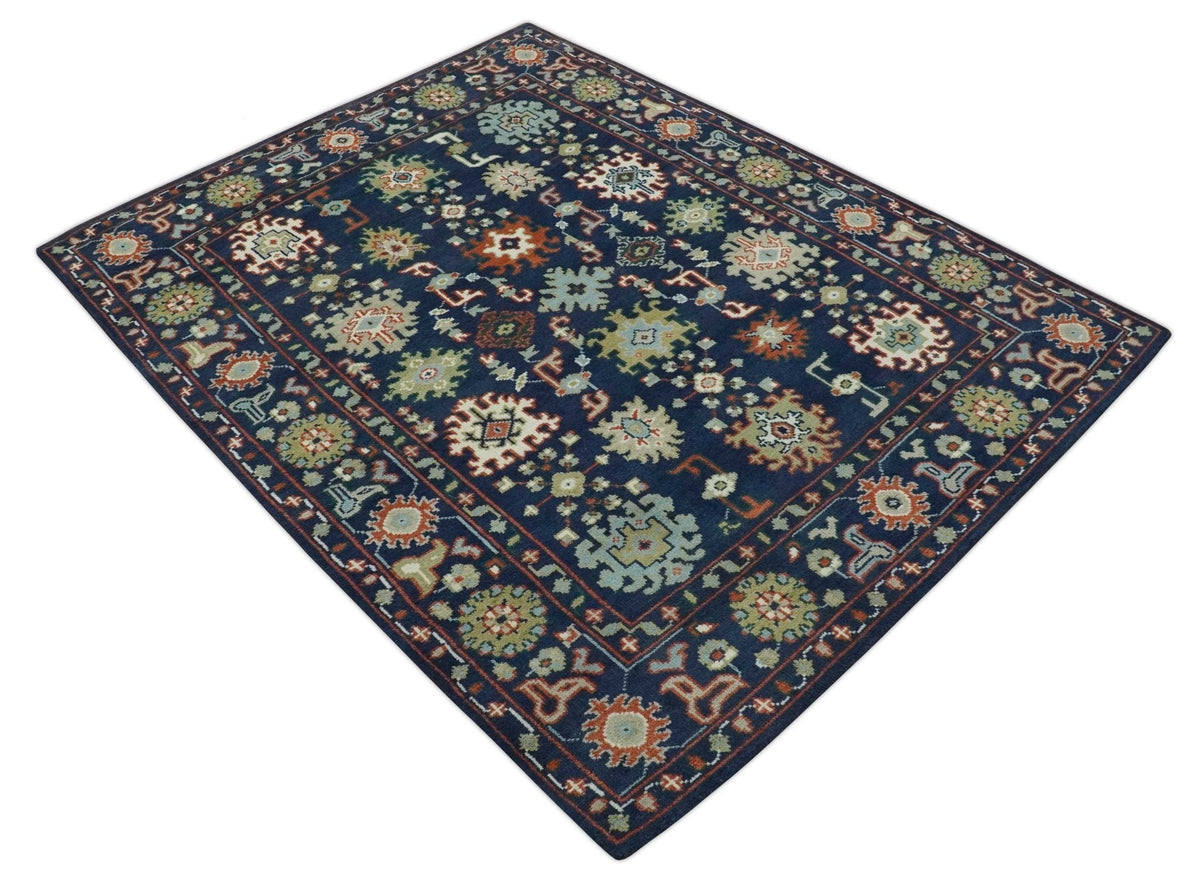 Vibrant colorful Blue, Rust, Ivory and Olive Hand knotted Traditional Oushak Custom Made wool Area Rug.