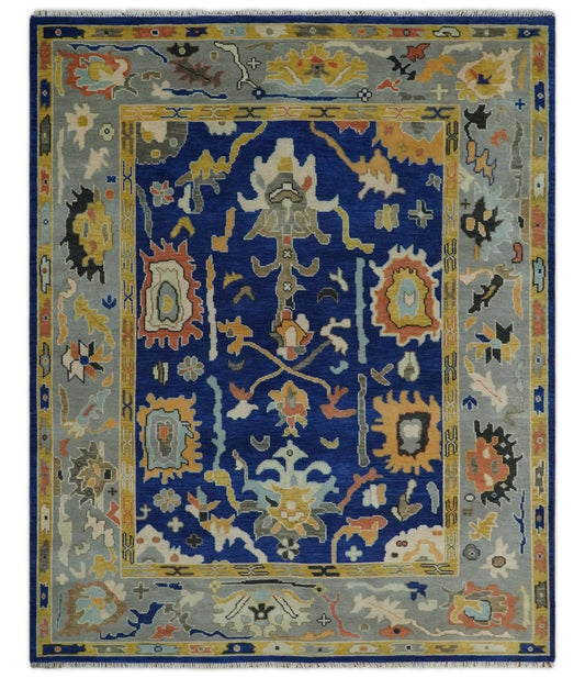 Vibrant Colorful Blue, Silver and Mustard Hand knotted Traditional Oushak Multi Size wool Area Rug.