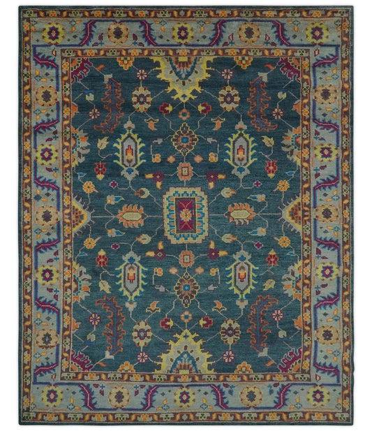 Vibrant Colorful Green, Silver, Mustard and Orange Hand Knotted Oriental Oushak Multi Size wool Area Rug.