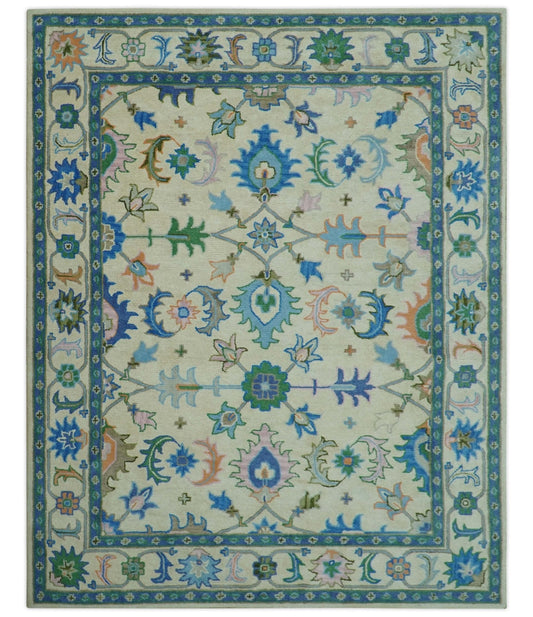 Vibrant Colorful Ivory and Blue Oriental Oushak Hand Tufted Multi Size area rug.