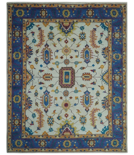 Vibrant Colorful Ivory, Blue, Beige and Peach Hand Knotted Traditional Floral Oriental Oushak Multi Size wool Area Rug.