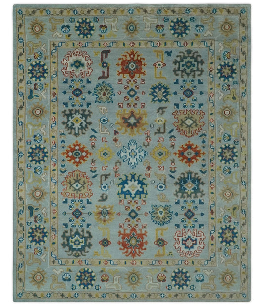 Vibrant Colorful Light Blue, Mustard, Brown and Blue Hand Knotted Traditional Oushak Multi Size wool Area Rug.