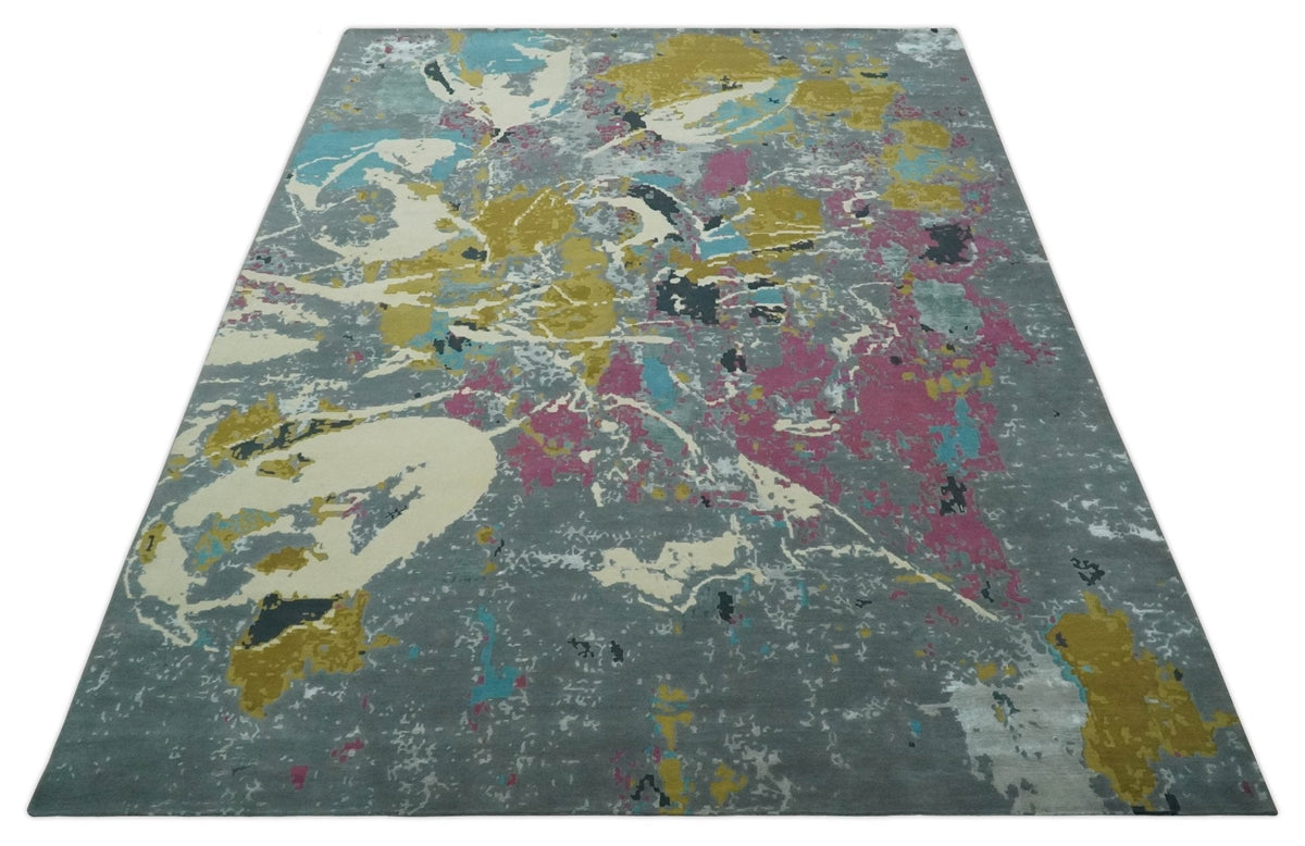 Vibrant Colorful Modern Abstract Gray, Olive, Purple and Ivory Hand knotted 10x14 and 12x15 wool Area Rug.