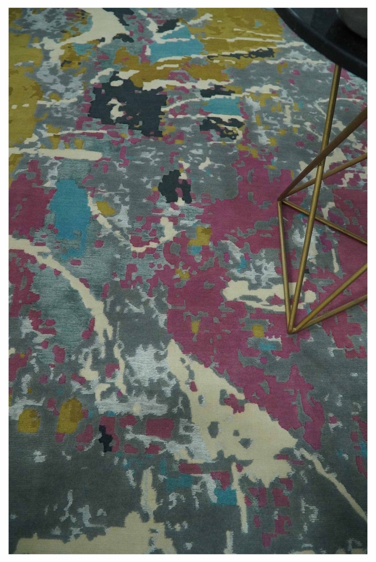 Vibrant Colorful Modern Abstract Gray, Olive, Purple and Ivory Hand knotted 10x14 and 12x15 wool Area Rug.