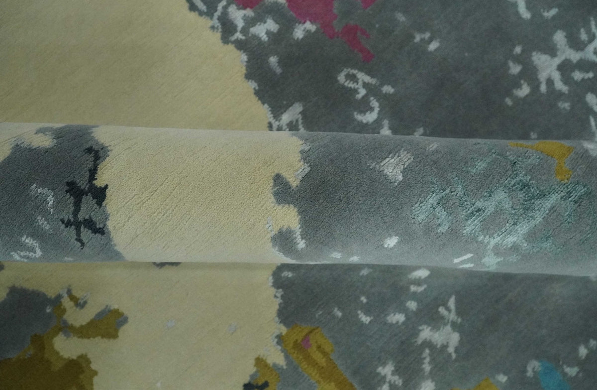 Vibrant Colorful Modern Abstract Gray, Olive, Purple and Ivory Hand knotted 10x14 and 12x15 wool Area Rug.
