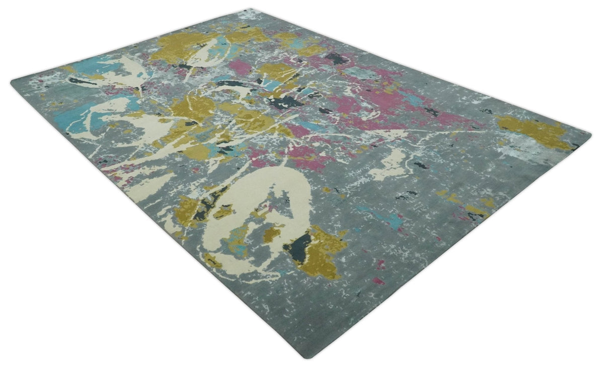 Vibrant Colorful Modern Abstract Gray, Olive, Purple and Ivory Hand knotted 10x14 and 12x15 wool Area Rug.