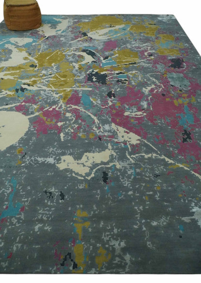 Vibrant Colorful Modern Abstract Gray, Olive, Purple and Ivory Hand knotted 10x14 and 12x15 wool Area Rug.