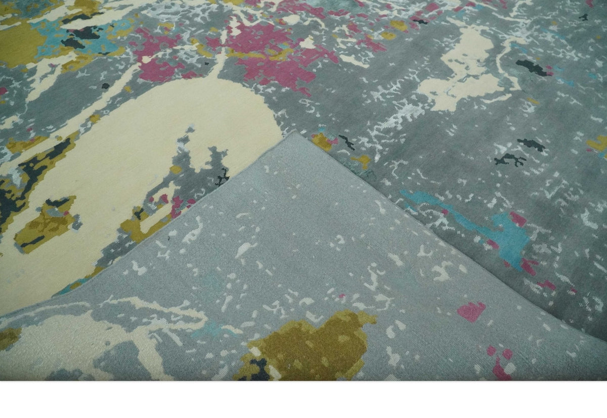 Vibrant Colorful Modern Abstract Gray, Olive, Purple and Ivory Hand knotted 10x14 and 12x15 wool Area Rug.