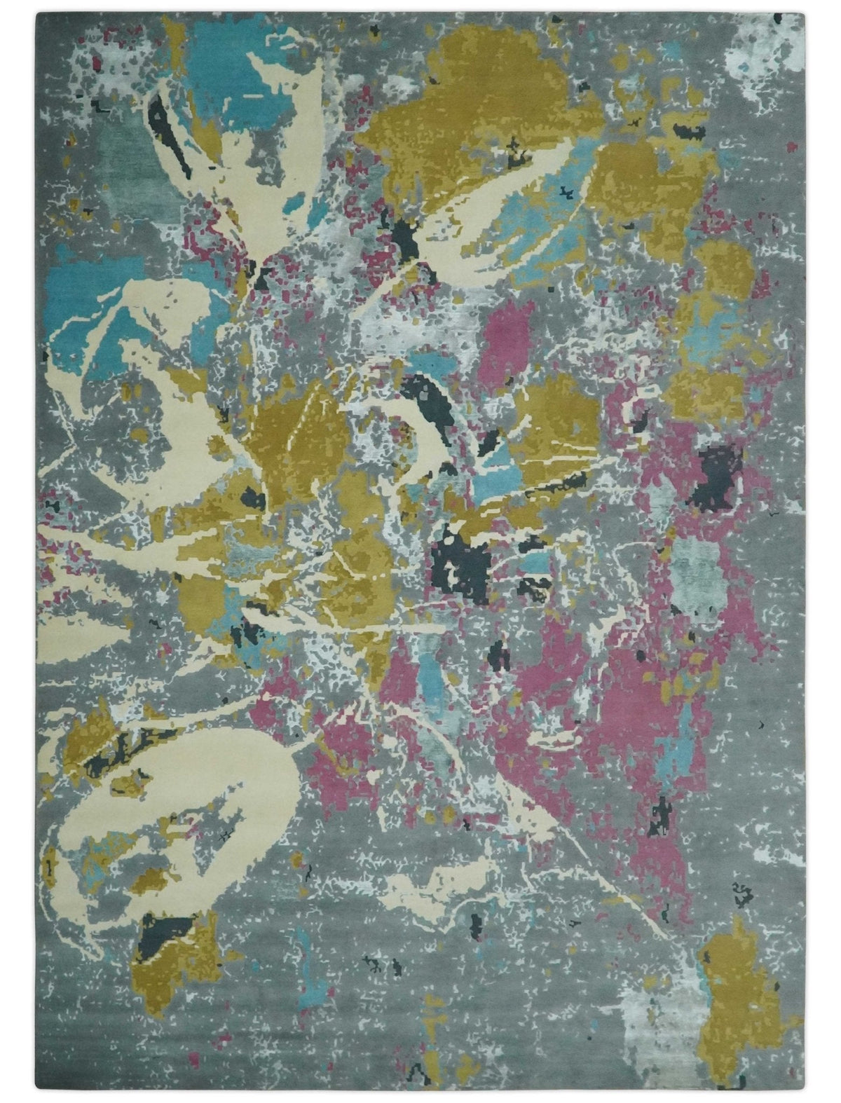 Vibrant Colorful Modern Abstract Gray, Olive, Purple and Ivory Hand knotted 10x14 and 12x15 wool Area Rug.