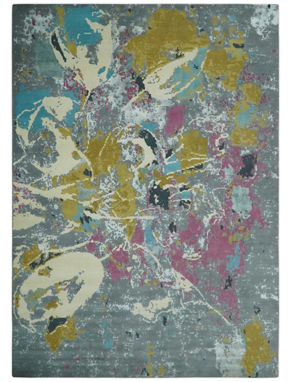 Vibrant Colorful Modern Abstract Gray, Olive, Purple and Ivory Hand knotted 10x14 and 12x15 wool Area Rug.