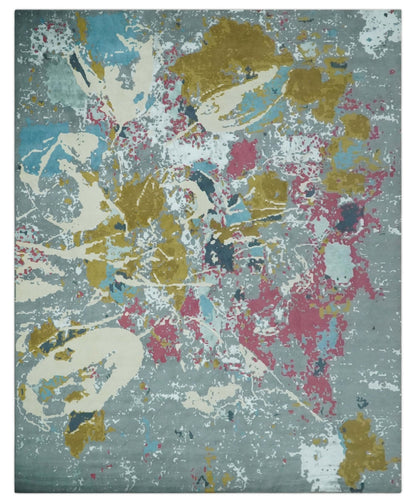 Vibrant Colorful Modern Abstract Gray, Olive, Purple and Ivory Hand knotted 10x14 and 12x15 wool Area Rug.