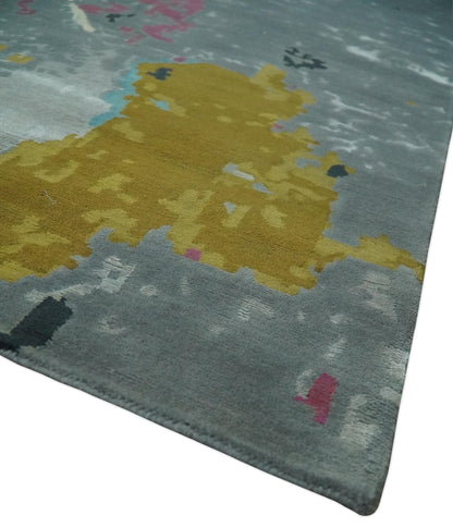 Vibrant Colorful Modern Abstract Gray, Olive, Purple and Ivory Hand knotted 10x14 and 12x15 wool Area Rug.
