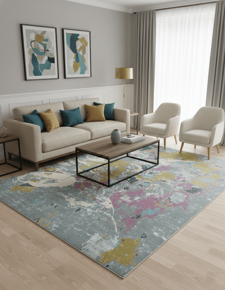 Vibrant Colorful Modern Abstract Gray, Olive, Purple and Ivory Hand knotted 10x14 and 12x15 wool Area Rug.