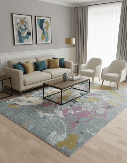 Vibrant Colorful Modern Abstract Gray, Olive, Purple and Ivory Hand knotted 10x14 and 12x15 wool Area Rug.