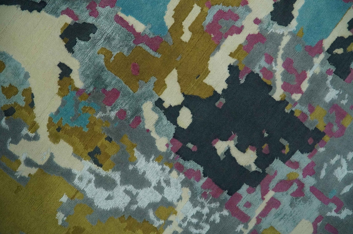 Vibrant Colorful Modern Abstract Gray, Olive, Purple and Ivory Hand knotted 10x14 and 12x15 wool Area Rug.