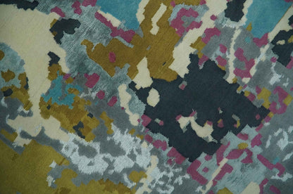 Vibrant Colorful Modern Abstract Gray, Olive, Purple and Ivory Hand knotted 10x14 and 12x15 wool Area Rug.