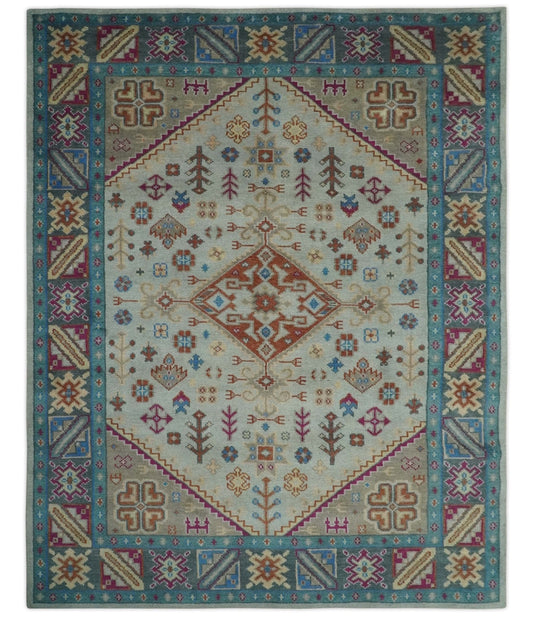 Vibrant Colorful Silver, Beige, Blue and Brown Traditional Heriz Multi Size wool Area Rug.