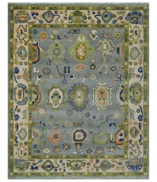 Vibrant Colorful Silver, Green and Light Peach Hand knotted Oushak wool Area Rug.