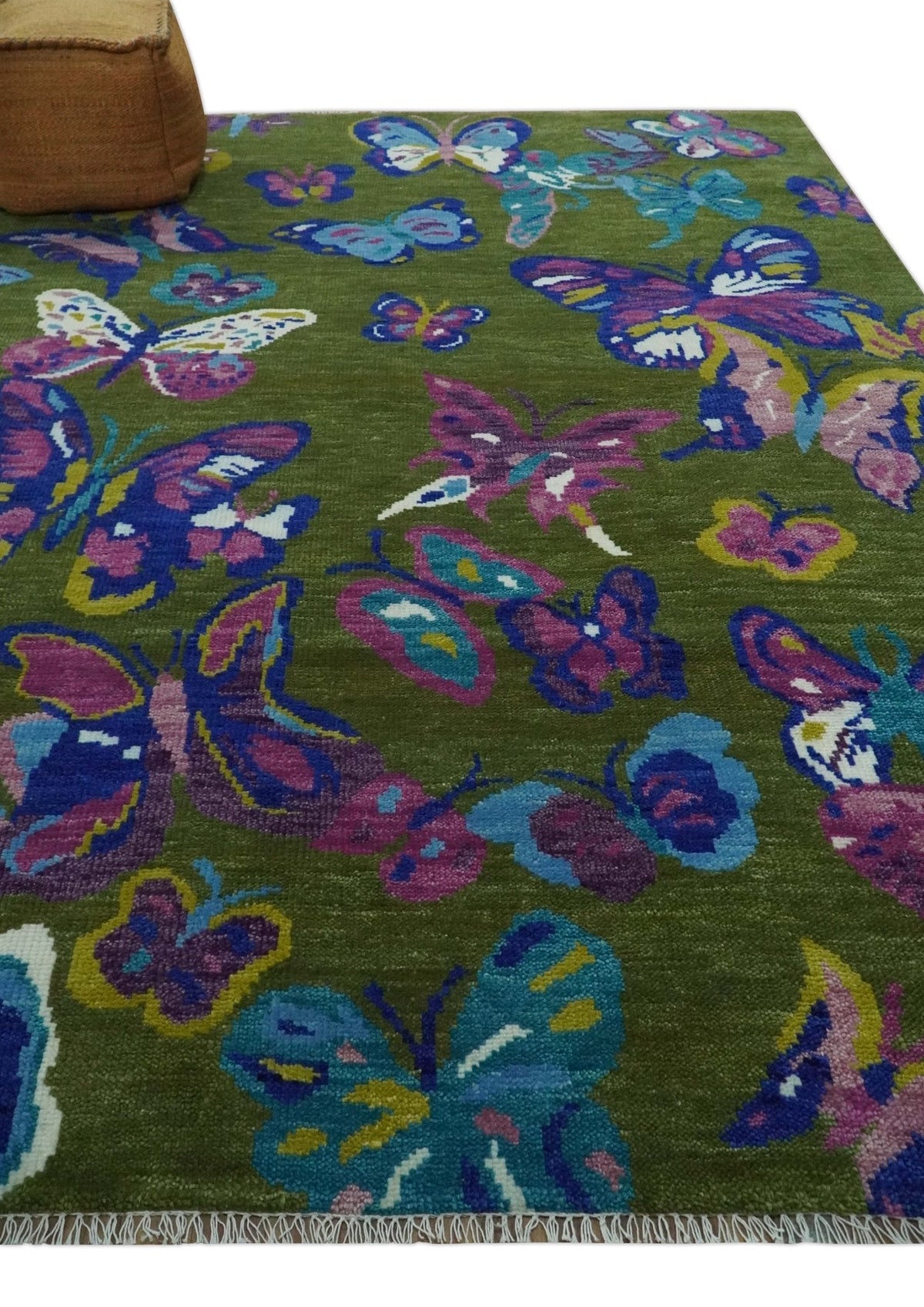 Vibrant Garden of Butterfly Green and Purple Hand knotted Multi size wool Area Rug.