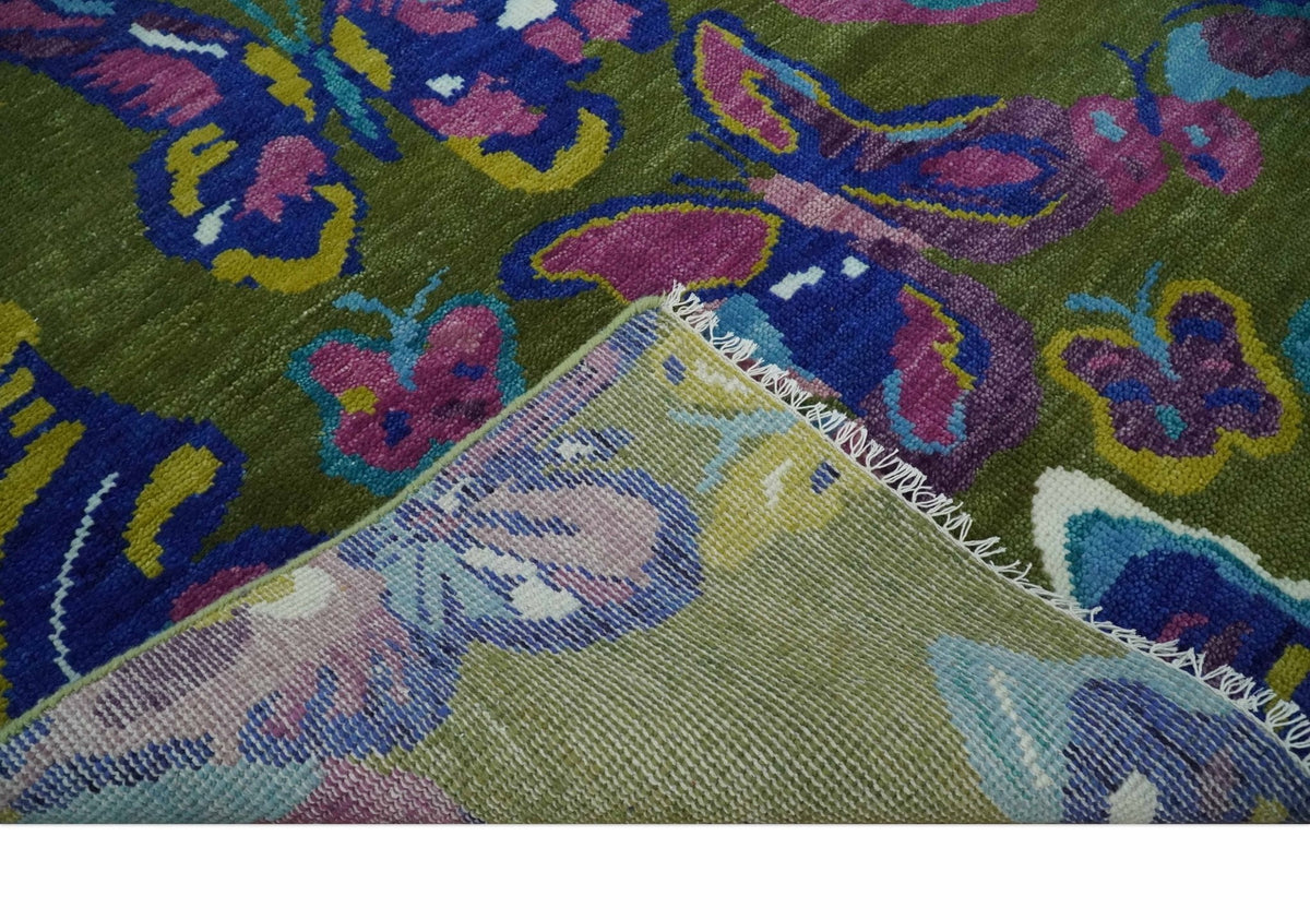 Vibrant Garden of Butterfly Green and Purple Hand knotted Multi size wool Area Rug.