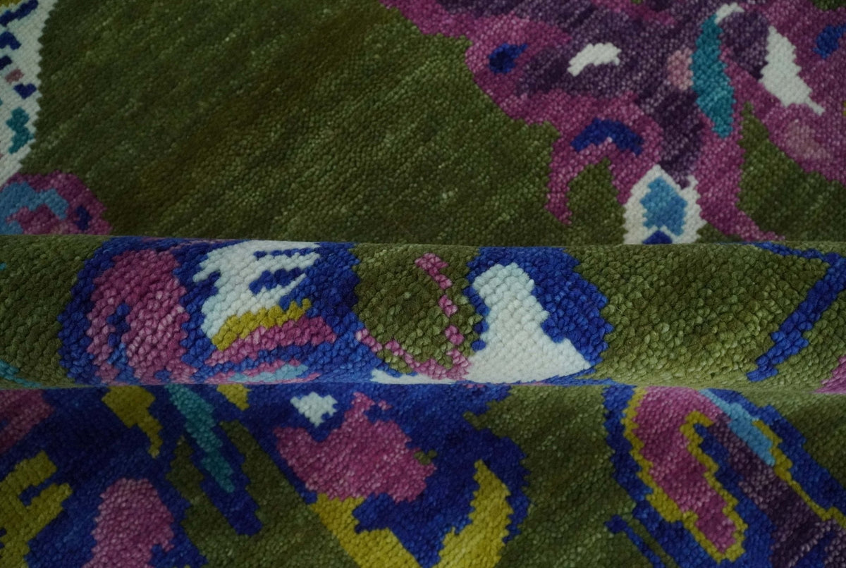 Vibrant Garden of Butterfly Green and Purple Hand knotted Multi size wool Area Rug.
