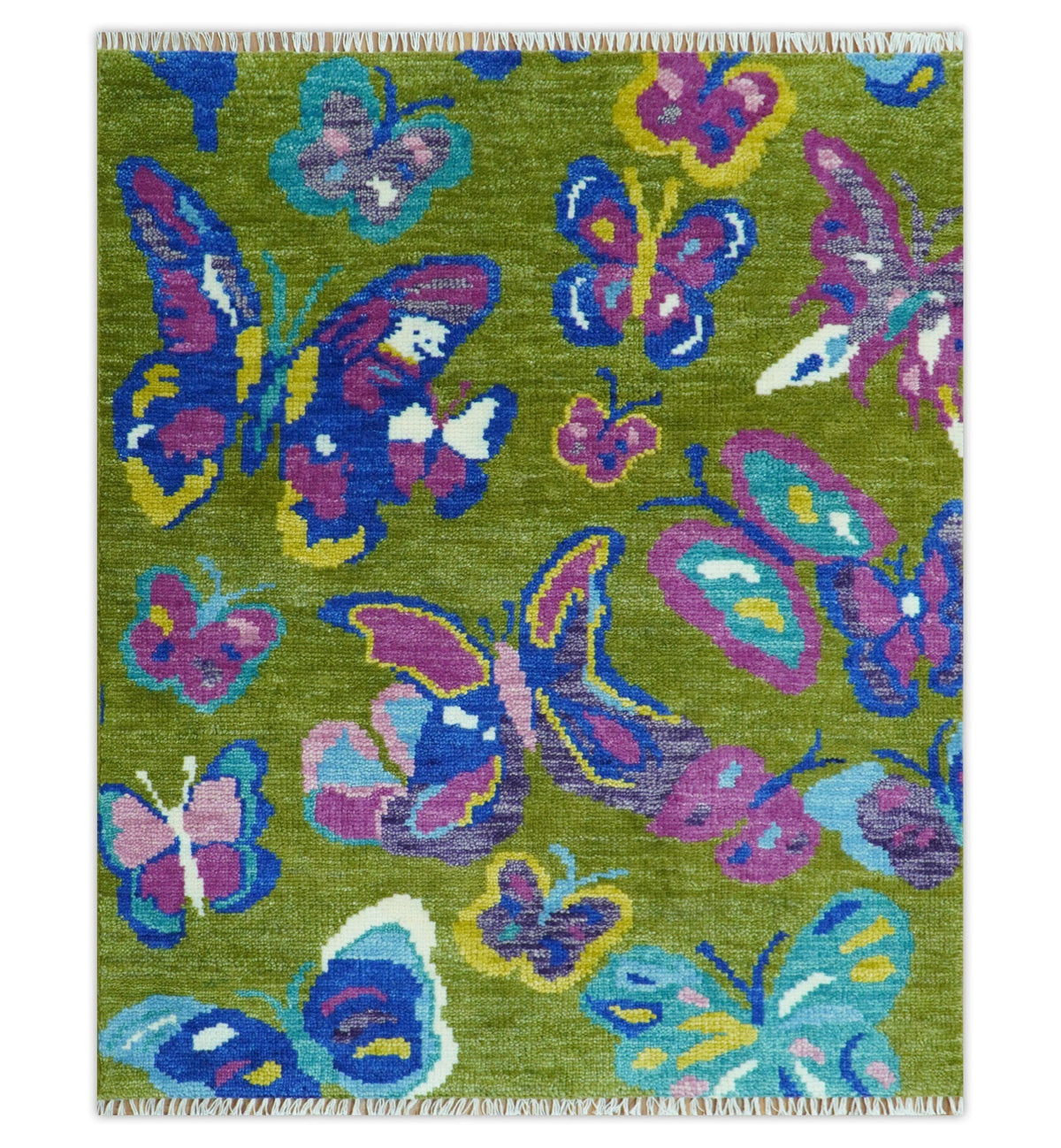 Vibrant Garden of Butterfly Green and Purple Hand knotted Multi size wool Area Rug.
