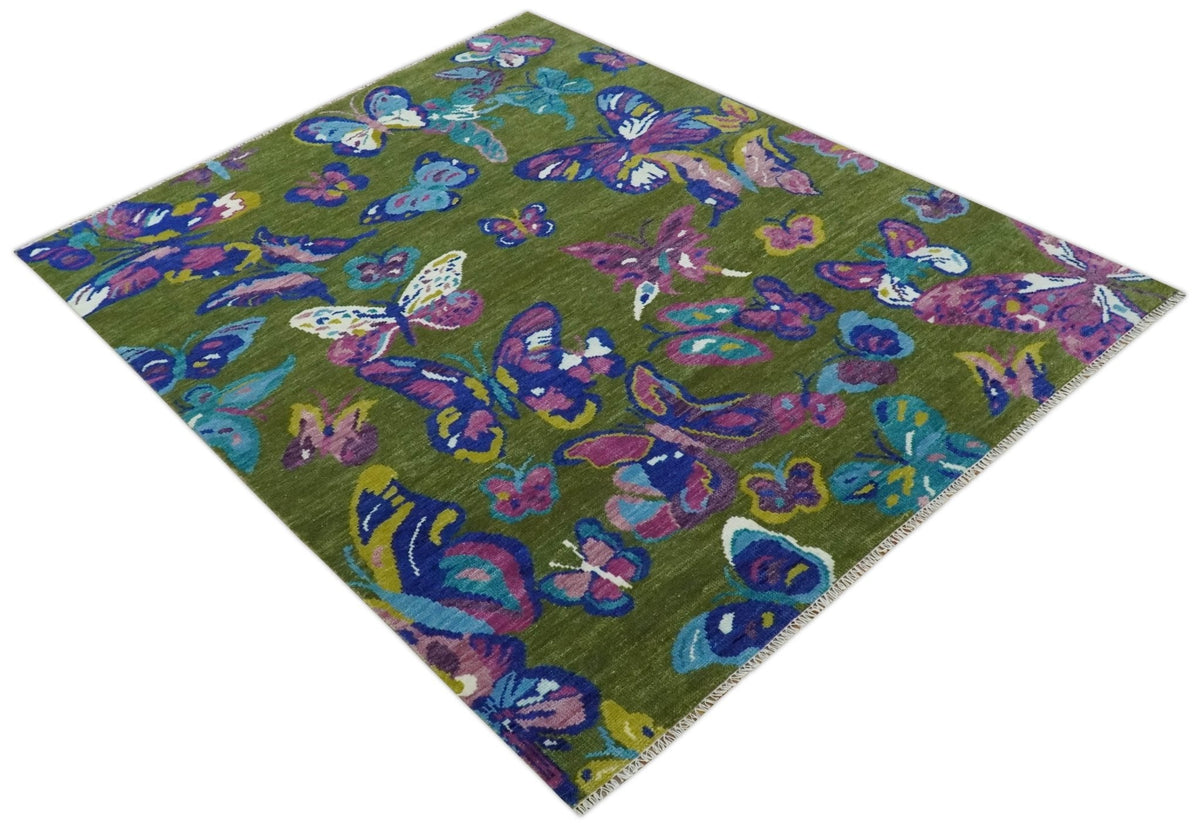 Vibrant Garden of Butterfly Green and Purple Hand knotted Multi size wool Area Rug.