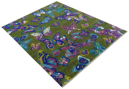 Vibrant Garden of Butterfly Green and Purple Hand knotted Multi size wool Area Rug.