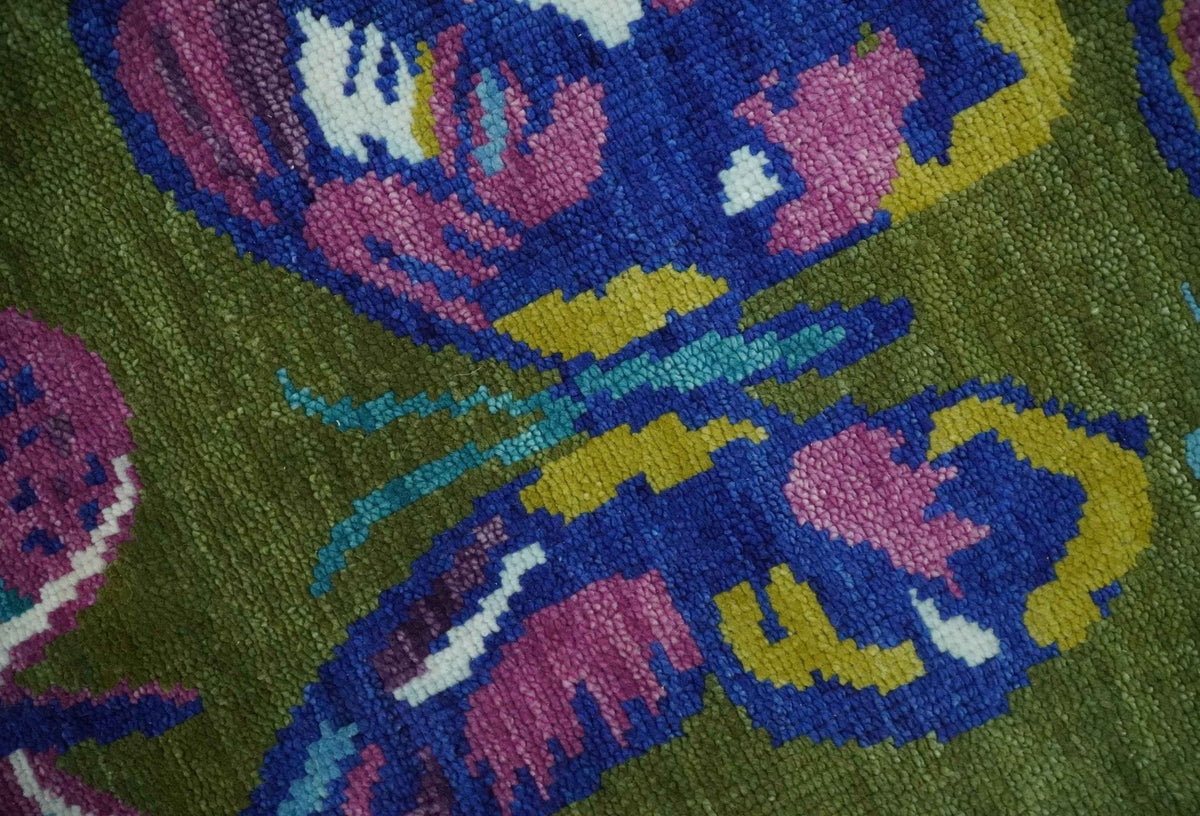 Vibrant Garden of Butterfly Green and Purple Hand knotted Multi size wool Area Rug.
