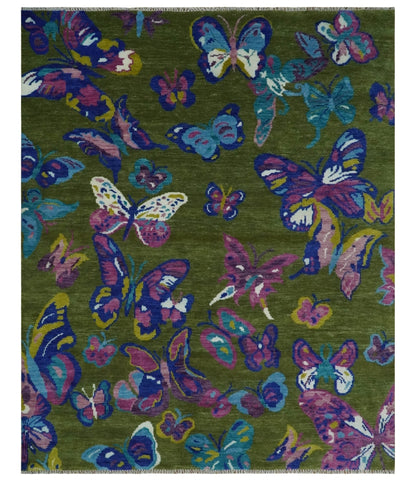 Vibrant Garden of Butterfly Green and Purple Hand knotted Multi size wool Area Rug.