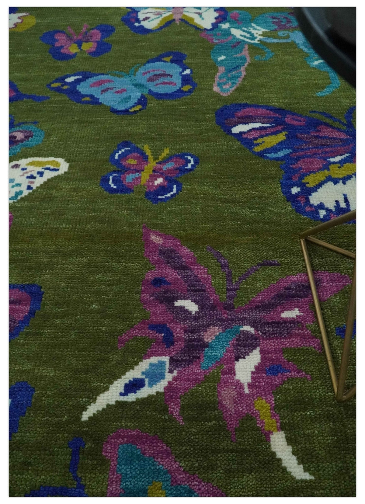 Vibrant Garden of Butterfly Green and Purple Hand knotted Multi size wool Area Rug.