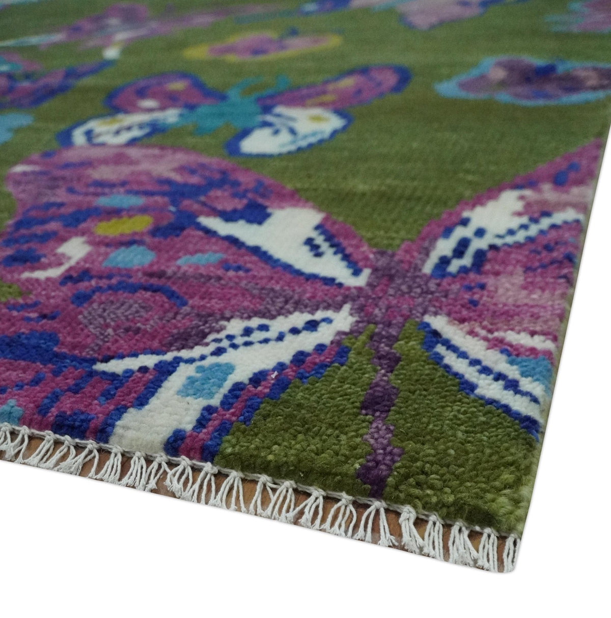 Vibrant Garden of Butterfly Green and Purple Hand knotted Multi size wool Area Rug.
