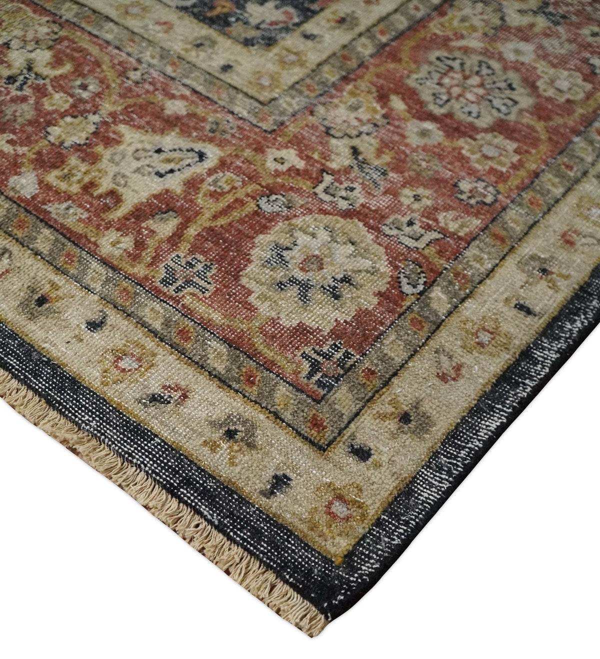 Hand Knotted Traditional Black, Rust and Beige Textured Low Pile Distressed Wool Rug.