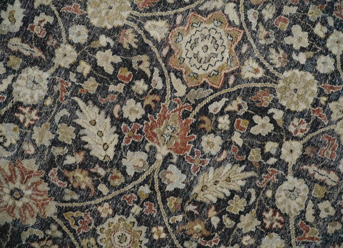 Hand Knotted Traditional Black, Rust and Beige Textured Low Pile Distressed Wool Rug.