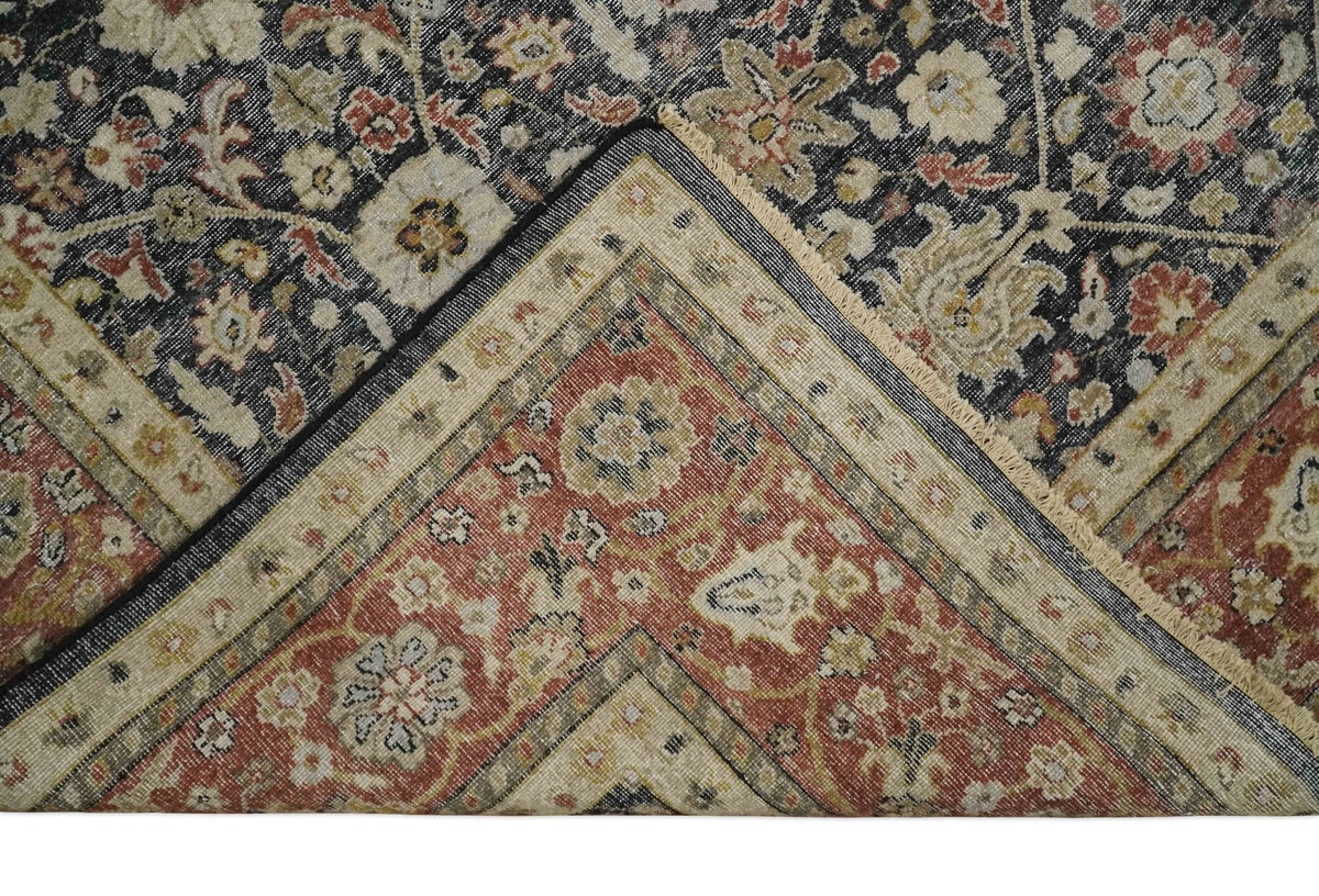 Hand Knotted Traditional Black, Rust and Beige Textured Low Pile Distressed Wool Rug.