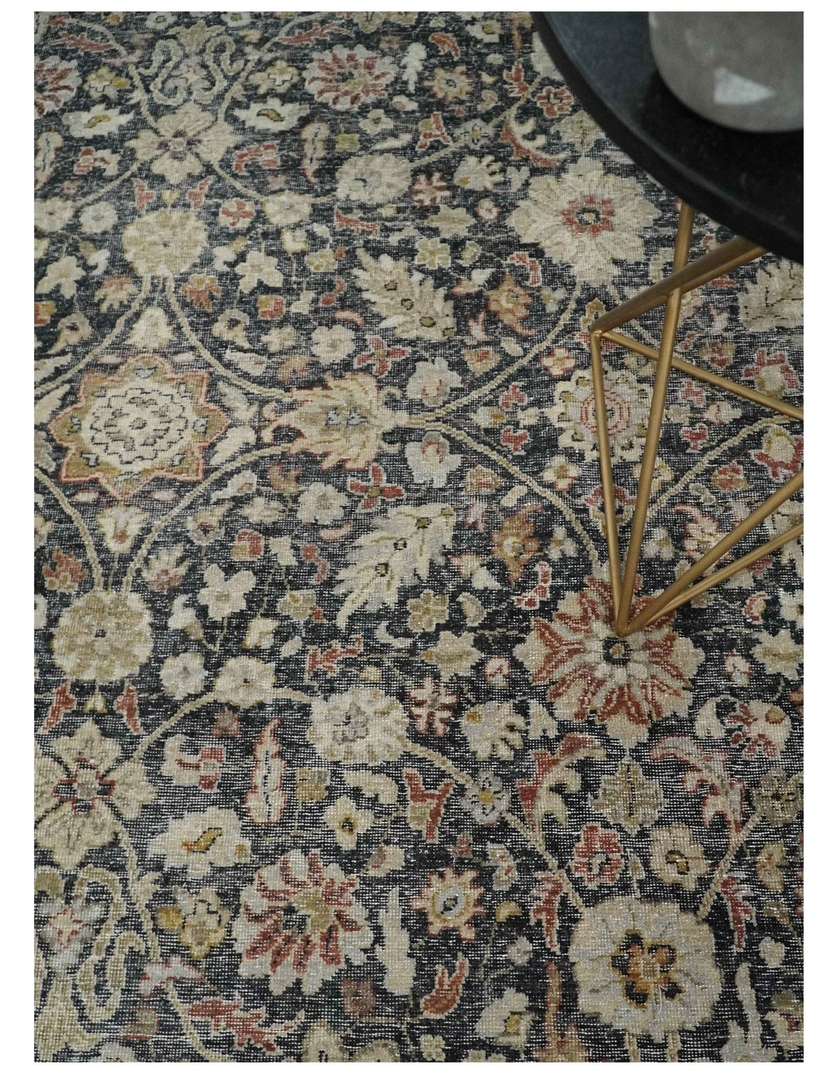 Hand Knotted Traditional Black, Rust and Beige Textured Low Pile Distressed Wool Rug.